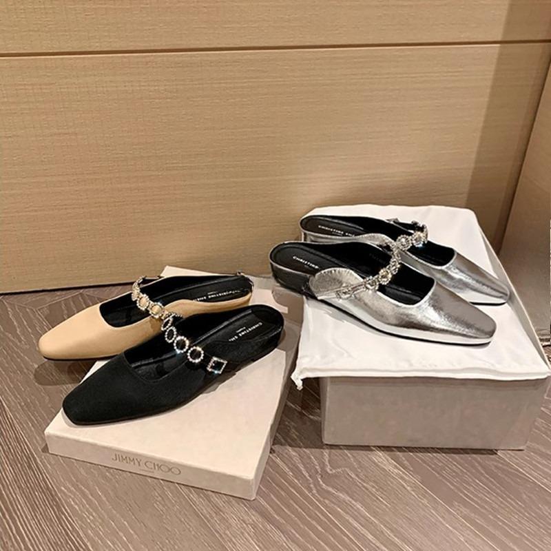 Square-toed Shoes Rhinestone Flat-bottomed Flip-flops Women's Sandals