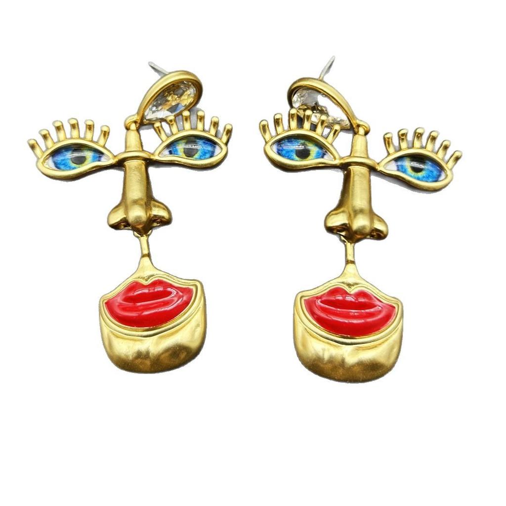 Medieval Vintage Western Retro Red Lips Nose And Eye Marking Earrings Silver Needle Electroplating Real Gold Three-Dimensional Design
