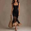 European and American, Square Collar Fungus Edge Suspender Skirt, Breasted Slim Mesh Stitching, Lotus Leaf Fish Tail Medium and Long Dress