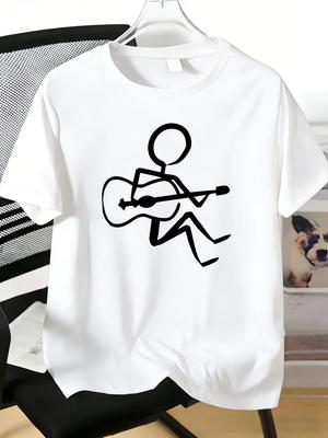 Mens Tee Stick Figure Playing Guitar Line Art Print Cotton Short Sleeve Male Casual Streetwear