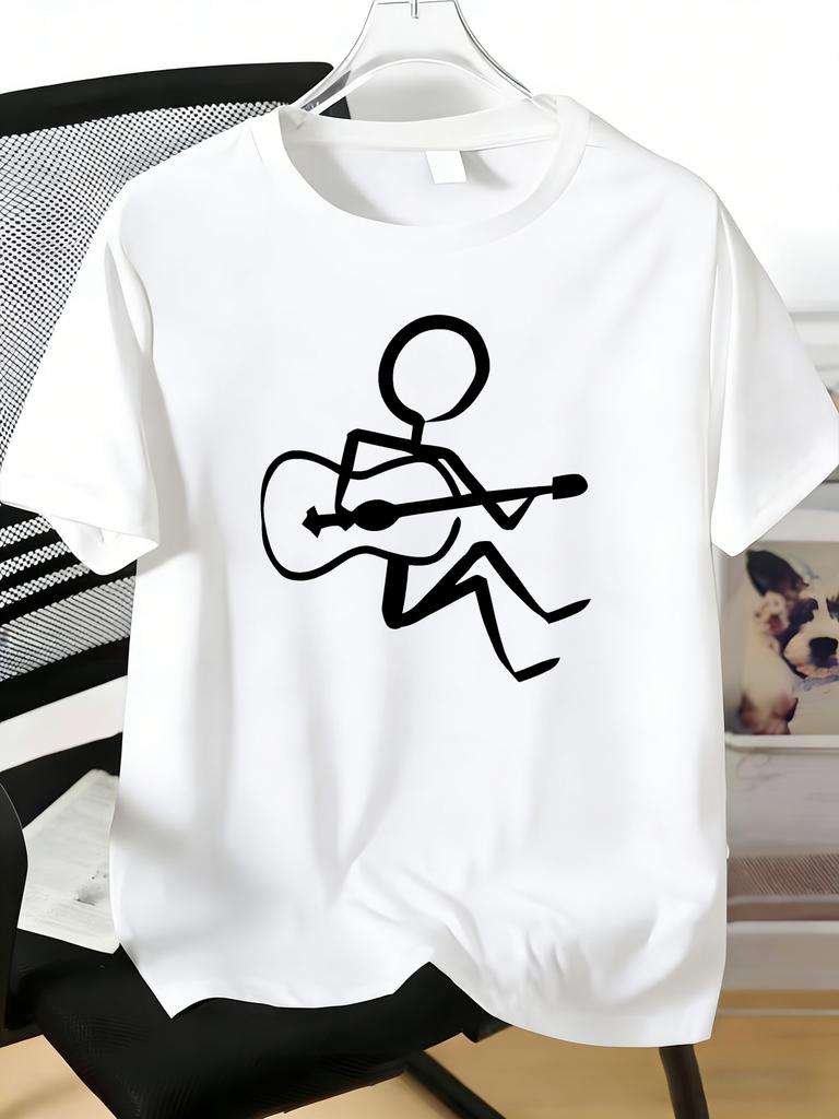 Unisexs Tee Stick Figure Playing Guitar Line Art Print Cotton Short Sleeve Male Casual Streetwear Outdoor Daily Basic Fashion Top