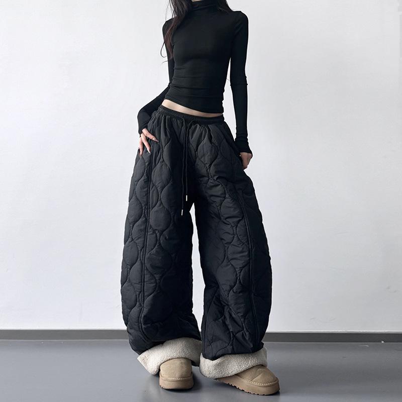 

2025 Korean Style Quilted Drawstring Cotton Pants - Warm, Cold Resistant, Versatile, Loose Fit for Winter S чёрный