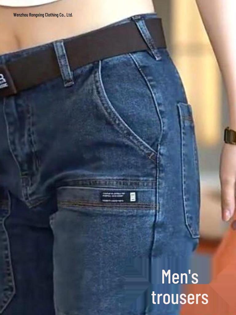 Męskie dżinsy slim fit stretch z wieloma kieszeniami - proste nogawki, odporne na zużycie spodnie casualowe na wiosnę i jesień