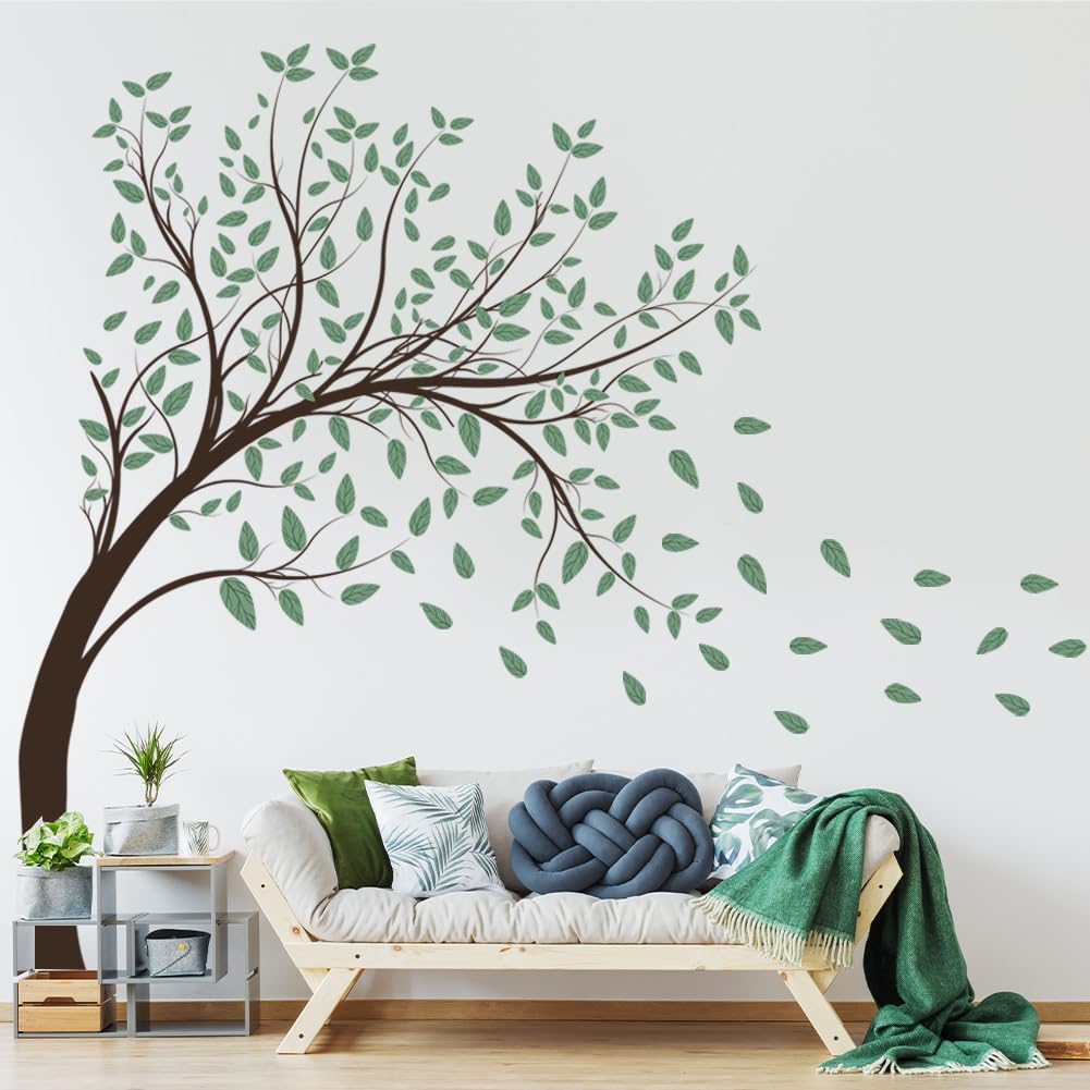 4 Sheets Green Tree Wall Decals Big Tree Wall Stickers Large DIY Peel and Stick Flying Leaves Wall Decor for Kids Bedroom Living Room Nursery Rooms