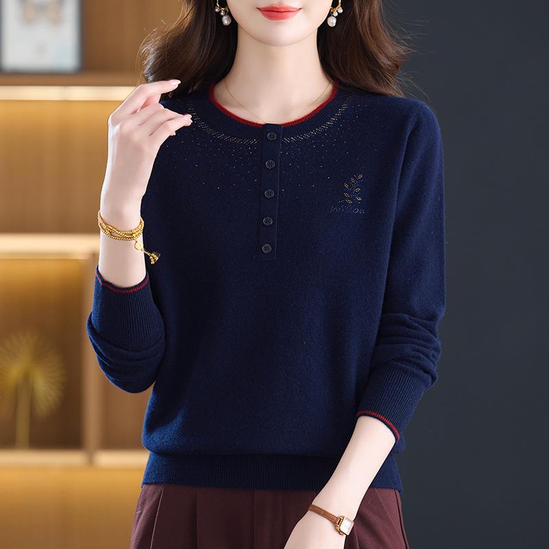 Stylish Women's Rhinestone Wool Round Neck Knit Sweater - Long Sleeve, Warm, Loose Fit for Autumn/Winter