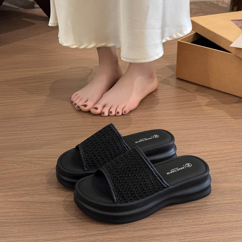 

2025 summer new fashion outer wear thick-soled slippers Roman woven one-character slippers thick-soled heightening slippers women 40