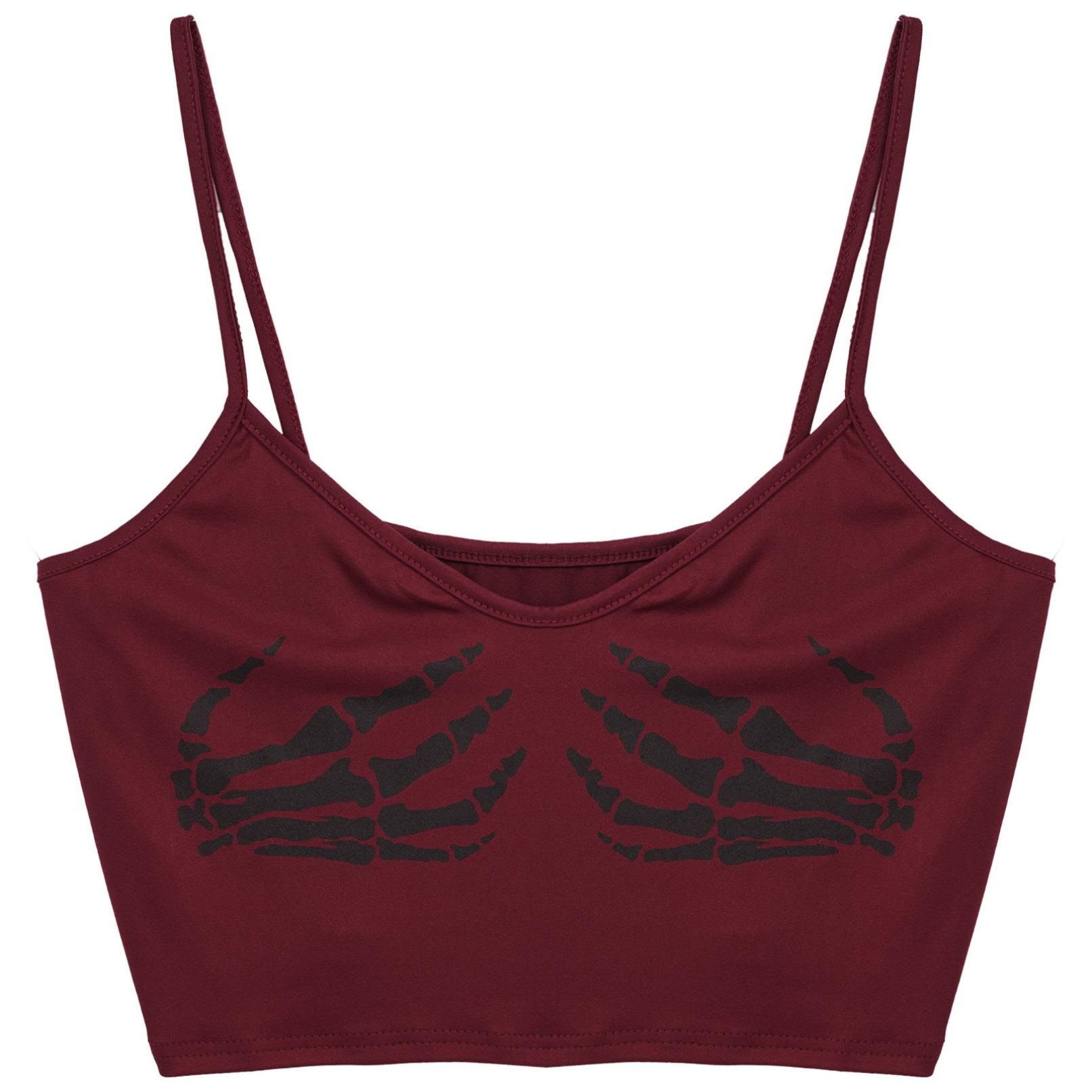 

Жіноча безрукавка з людським скелетом і черепом із ручним принтом без рукавів. XXL бордовий