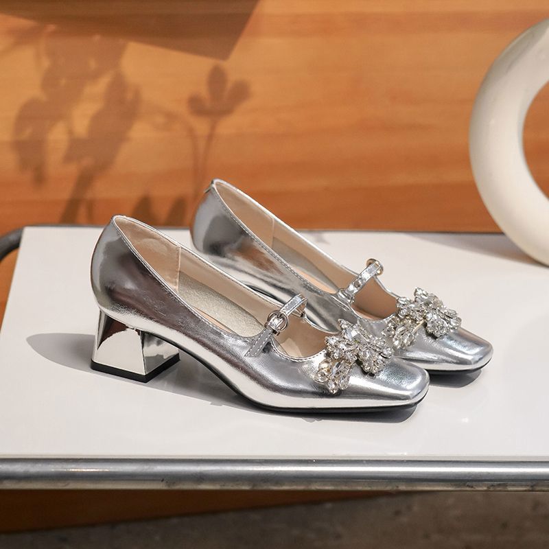 

Французские туфли-лодочки с премиальными стразами на толстом каблуке, женская модная удобная обувь с квадратным носком, с ремешком Мэри Джейн, темпераментные туфли на высоком каблуке 39 серебряный