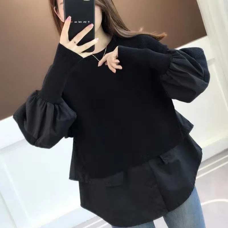 

Осенне-зимний вязаный свитер, рубашка с поддельными двумя свободными верхними вещами большого размера, универсальный топ M