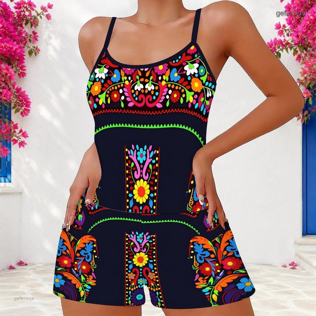 Women Plus Size Camouflage Leaf Printed Scoop Neck Strappy Tank Top Shorts Two Piece Set