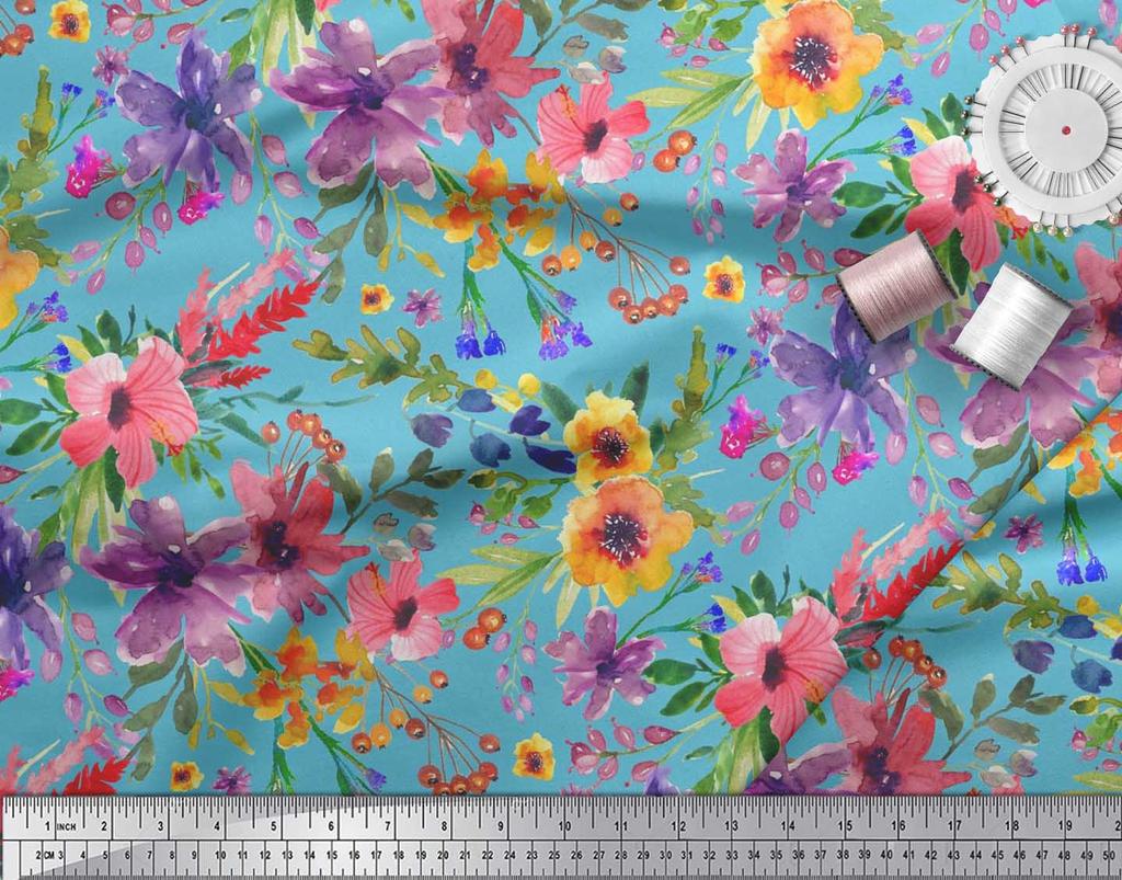 Soimoi Japan Crepe Satin Fabric Flower & Leaves Watercolor Decor Fabric Printed metre 42 Inch