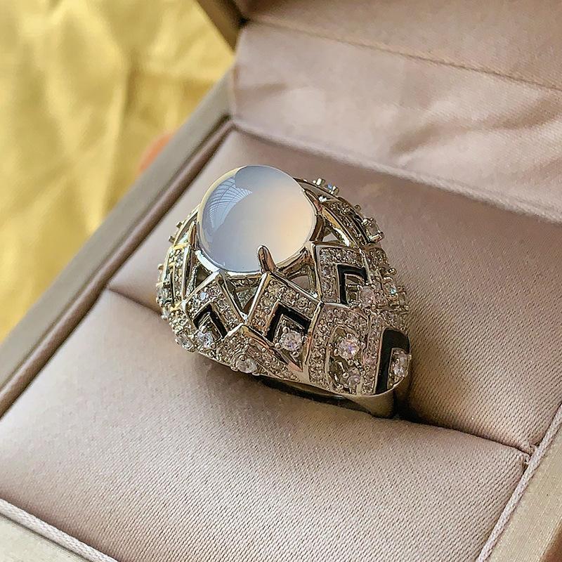 Hao Inlaid with Diamond Temperament Yuan Shape Imitation Royal Blue Red Corundum Zircon Chalcedony Ring Drop Glaze Open Ring Female