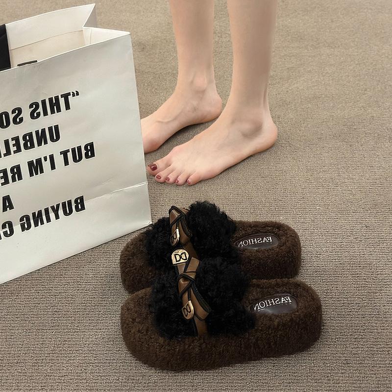 Fashion Short Plush Cotton Mop 2025 Autumn New Versatile Casual Fluffy Slippers Women's Outer Wear Muffin Thick Bottom One-word Mop