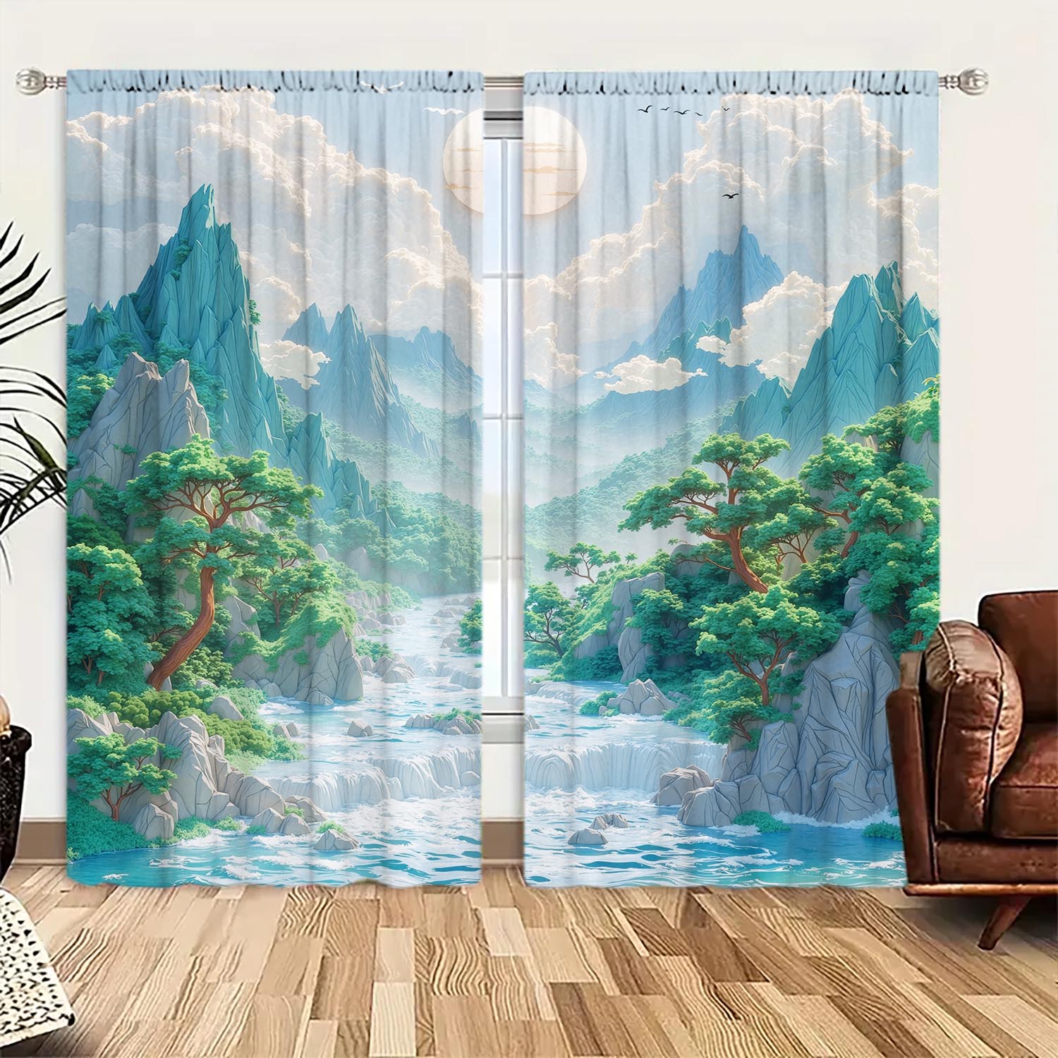 

2-Panels Landscape Painting Semi Blackout Curtains Versatile Design Suitable for Any Style Creating a Peaceful Living Space 100*130 Rod Pocket 1pcs