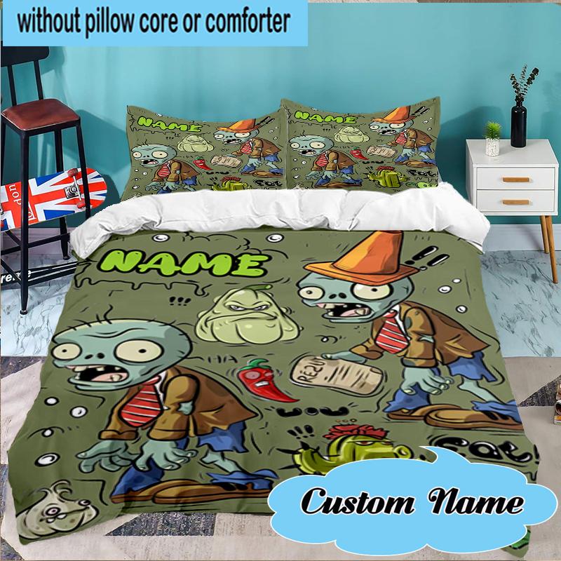 Custom Name Zombie Garden Battle Bedding Set 3pcs, Bedding Set Including 1pc Duvet Cover And 2pcs Pillowcases for Bedroom, Dormitory Gift