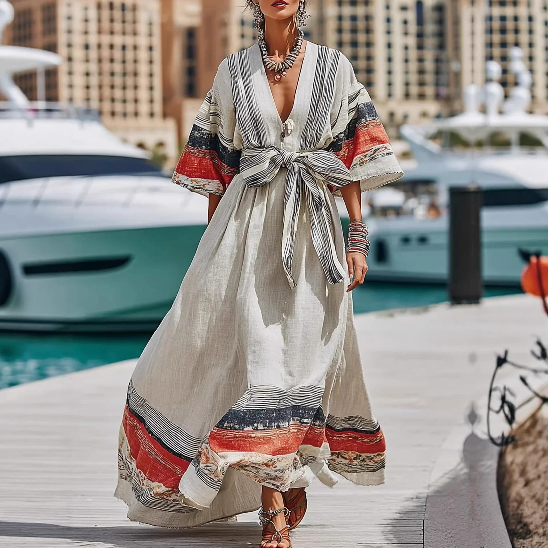 European summer new bohemian vacation style casual elegant striped V-neck dress women S