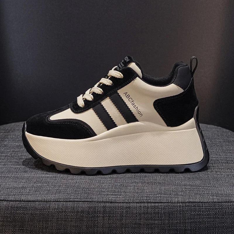 Fashion Top quality 8cm Genuine Leather Platform Wedge Women Spring Autumn Chunky Sneakers Shoes Breathable Comfortable Vulcanize boots