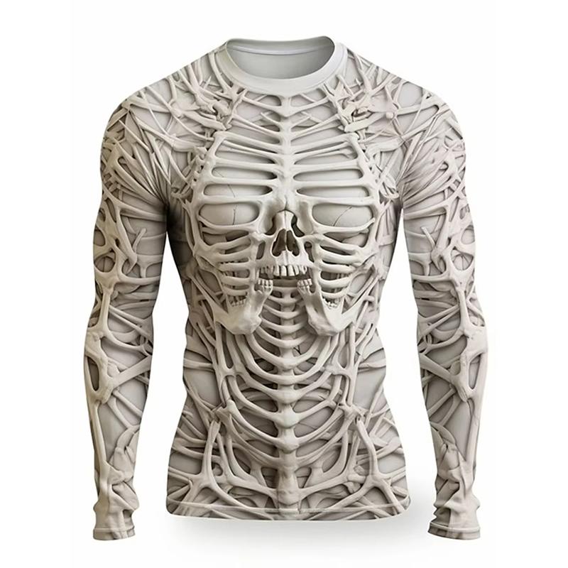 Spring and Autumn Round Neck 3D Skeleton Skull Pattern Printed Top Fashionable Casual Long Sleeved Men's T-shirts