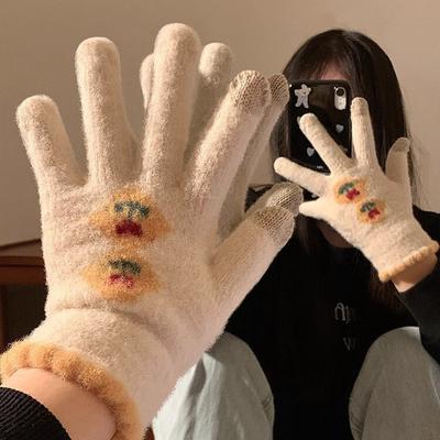 Knitted Five Finger Gloves for Women In Winter Warm and Velvet Thickened Student Anti Cold and Freezing Cycling Gloves