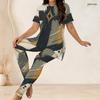 Women Plus Size Two Piece Set Round Neck Short Sleeve Eagle Printed Longline Top And Fitted Pants