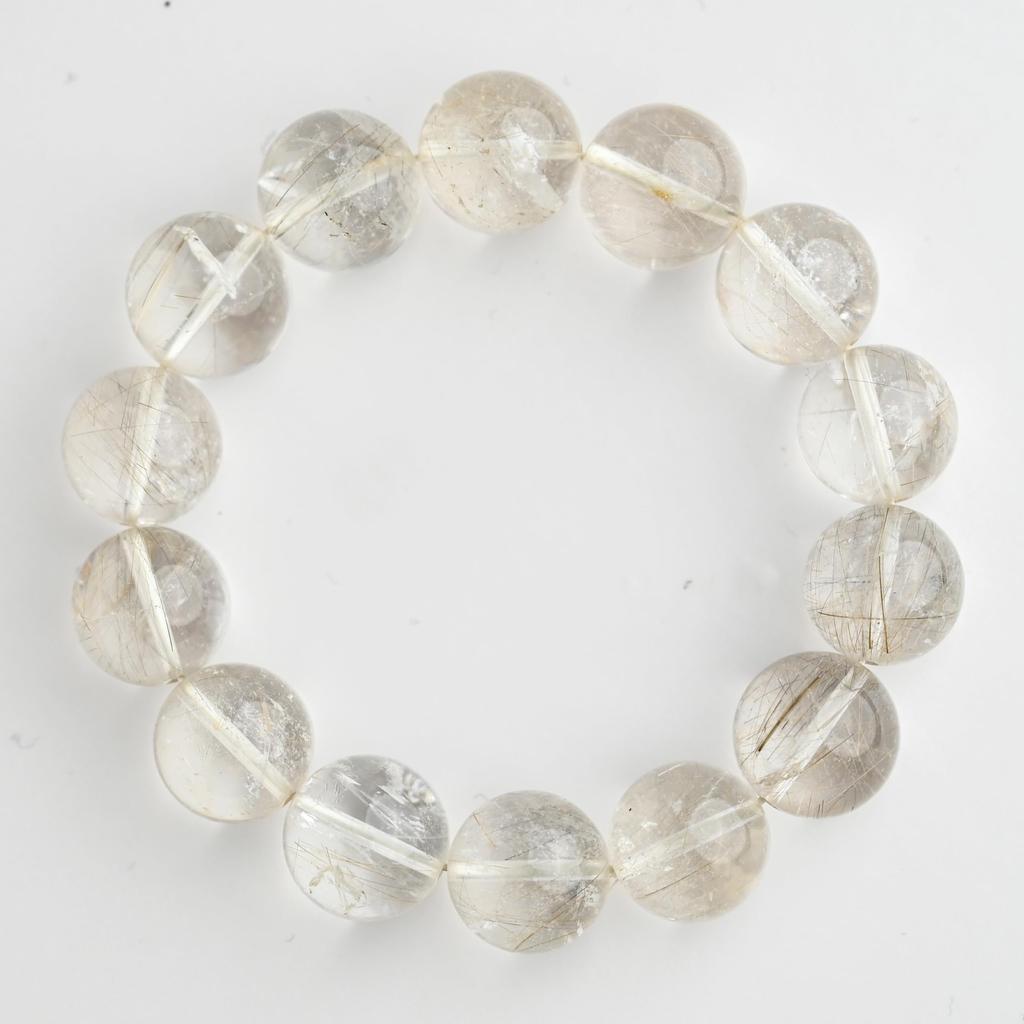 Eigado Silver Rutilated Quartz 16mm 18cm Wrist Limited Natural Power Prayer Good Luck Feng Shui Bracelet, Stone, Circumference, One-of-a-Kind,