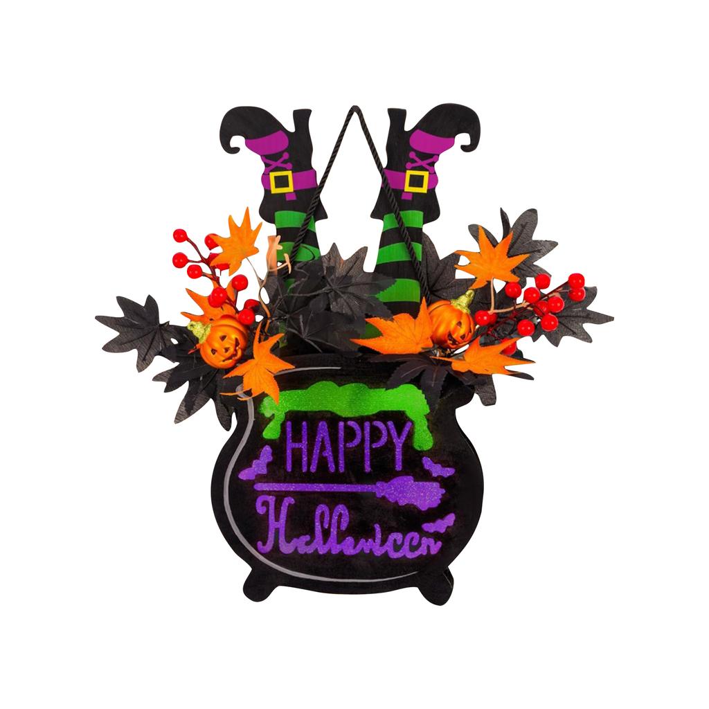 Halloween Pumpkin Decoration, With Maple Leaf Berry Witch Hat, Halloween Door Sign Wood Light For Front Door Indoor Outdoor Patio Party Cartoon