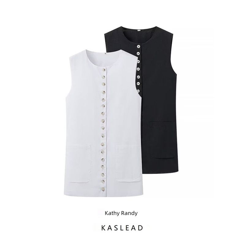 Kaslead New Arrival Women's Clothing Fashion Style Fashion All-Match Button Design round Neck Vest Top