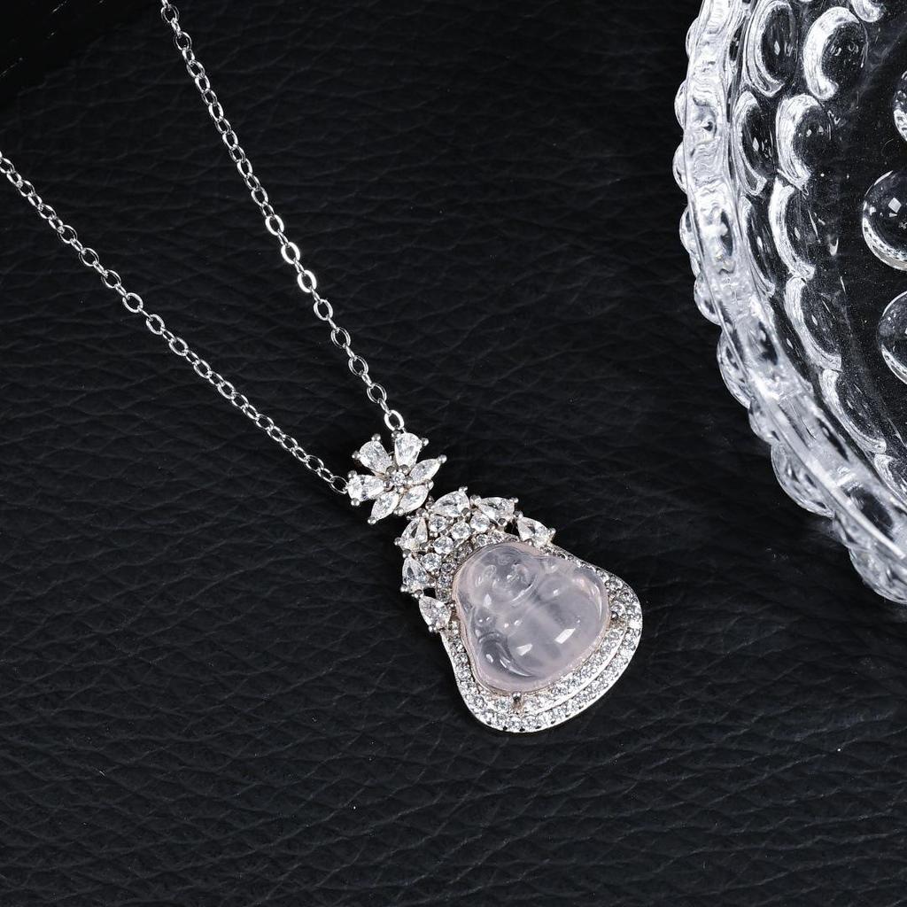 S925 Sterling Silver Rose Quartz Buddha Pendant Necklace - Chinese Style, Light Luxury, High-End Clavicle Chain X145