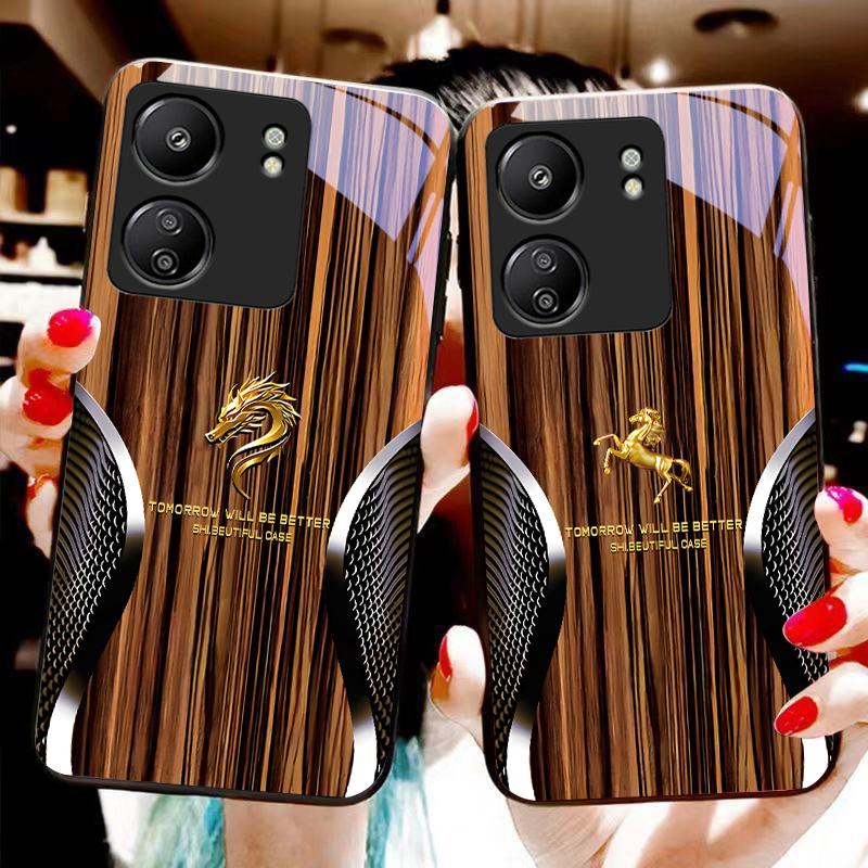 Holzmaserung Schlange Für Xiaomi Redmi 13C Note13 12 Pro Plus 5G Note 9 13T Pro POCO X6 F5 F6 Schwarz Gehärtetes Glas Handyhülle