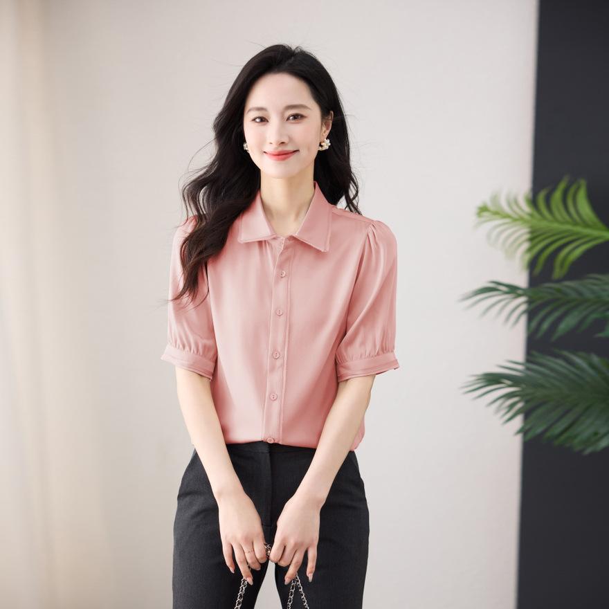 

Trendy brand mulberry silk shirt women s new thin temperament design sense silk short-sleeved shirt top L
