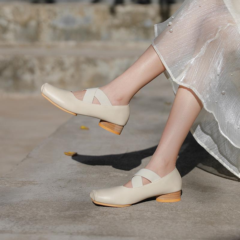 Mary Jane Crossover i äkta läder med fyrkantig tå Vintage Block Heel Balett Skor Singelskor