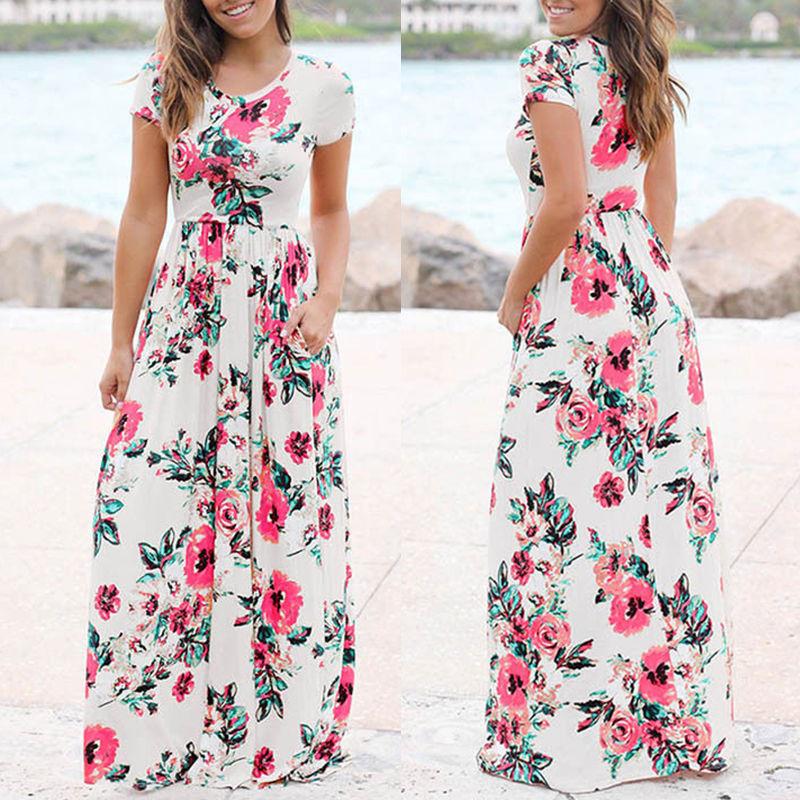 Boho květinový potisk s krátkým rukávem večerní párty ležérní dlouhé maxi šaty