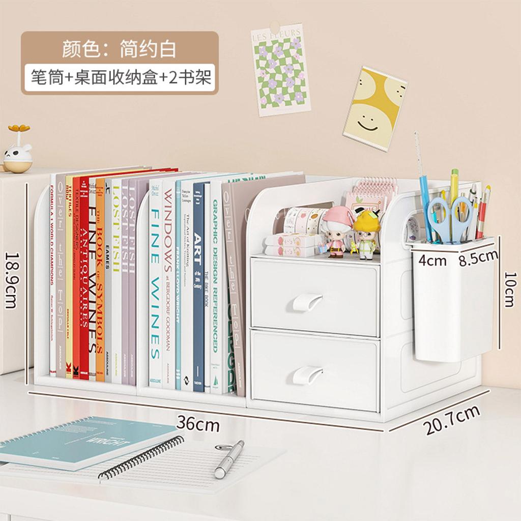 Desktop Bookshelf Organizer with Drawers and Pen Holder Desk Storage Caddy for Office Supplies Books Stationery Home Office School Dorm Desk Organizer