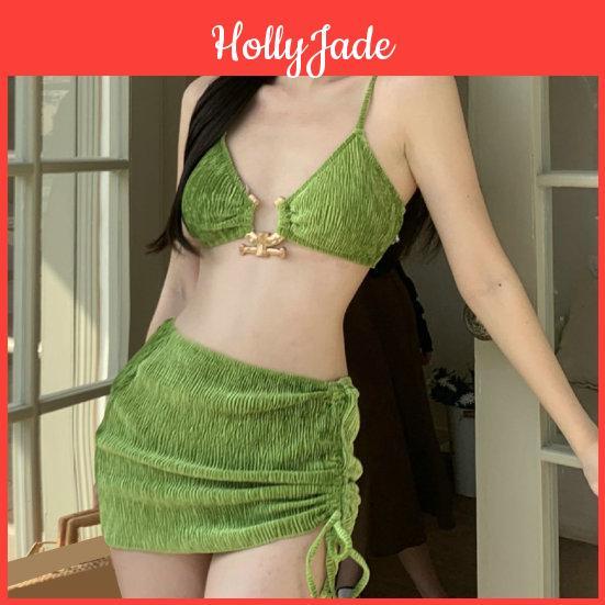 3pcsset Ring Metal Ribbed Connection Bikini Cover Up Set Side Drawstring Padded Wire Free Sling Bra