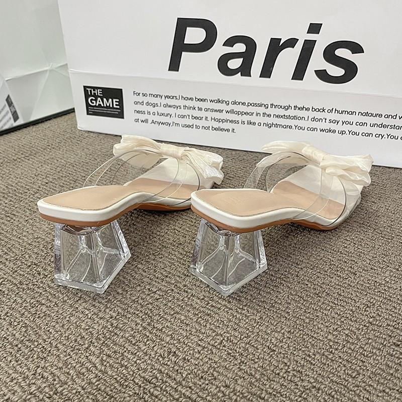 2025 summer new sweet thick heel transparent slippers women's outer wear bow square head open toe one word sandals wholesale