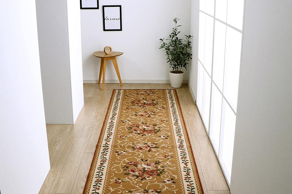IKEHIKO Hallway Rug, Floral Pattern, Elegance, Water-Repellent, Campbell Beige, Approx. 60 X 340cm #4730119