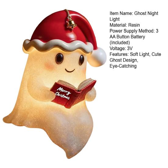 Reading Ghost Night Light Cute 3D Xmas Hat Ghost Bedside Lamp
