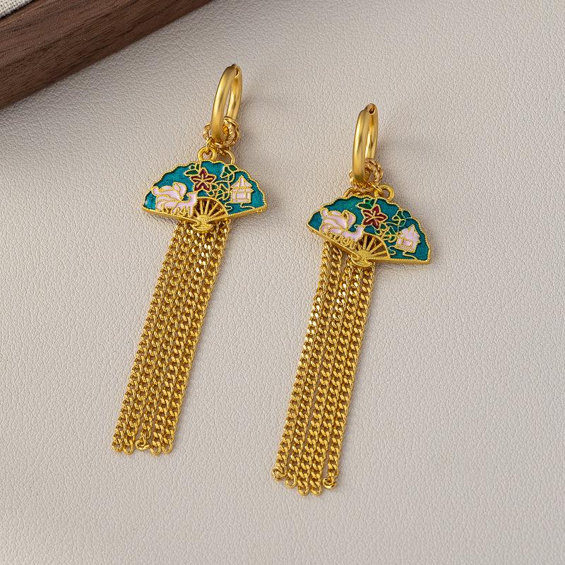 Elegante chinesische Quasten- & Perlenohrringe mit Glasur-Blumendesign für Damen
