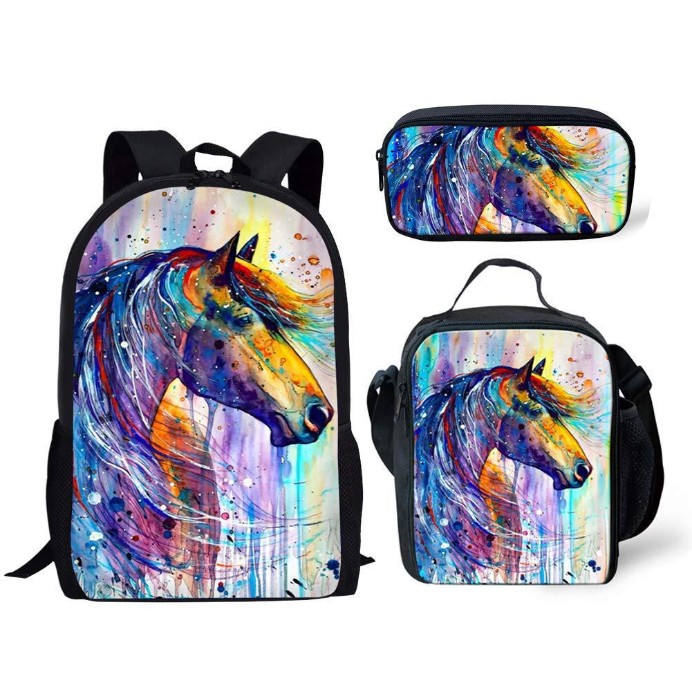Classic Popular Funny Broken Flower Horse 3D Print 3pcs/Set Pupil School Bags Laptop Daypack Backpack Lunch Bag Pencil Case