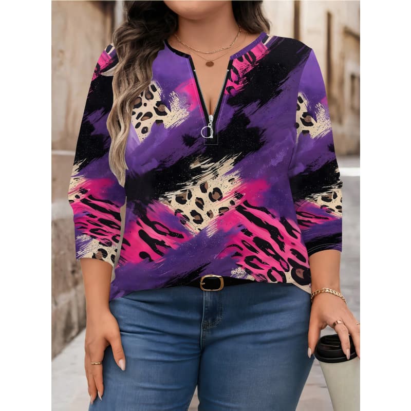 Women's Creative Printed Zipper Long-sleeved T-shirt, Breathable, Soft and Comfortable, Suitable for All-year-round Casual Wear