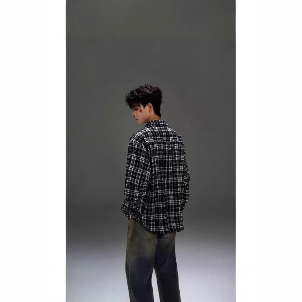 Men's Retro Black & White Checkered Long Sleeve Shirt Jacket - Casual Spring/Autumn Wear