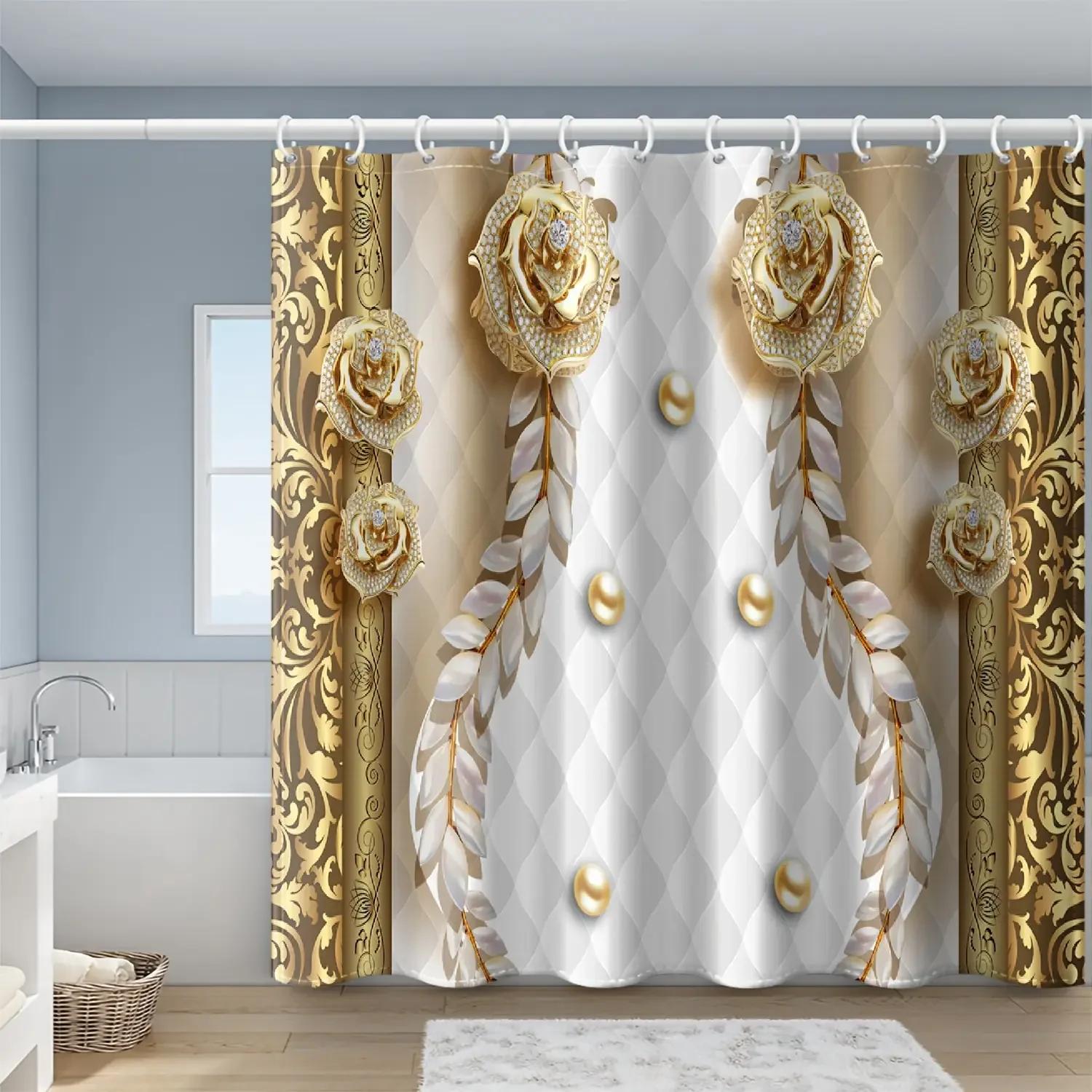 

Роскошная занавеска для душа в стиле дворца с узором «роза» и крючком, набор для декора ванной комнаты, ткани с жемчужным принтом, бесплатная доставка 150W180H(CM)59x71in