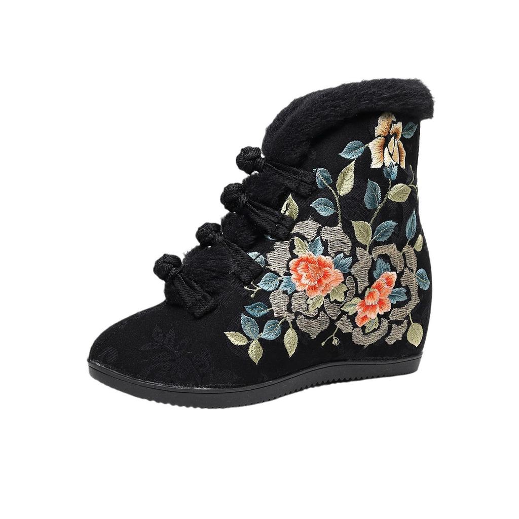Winter Quilted Fleece-Lined High-Heeled Cotton Boots with Frog Closure and Floral Gold Thread Embroidery