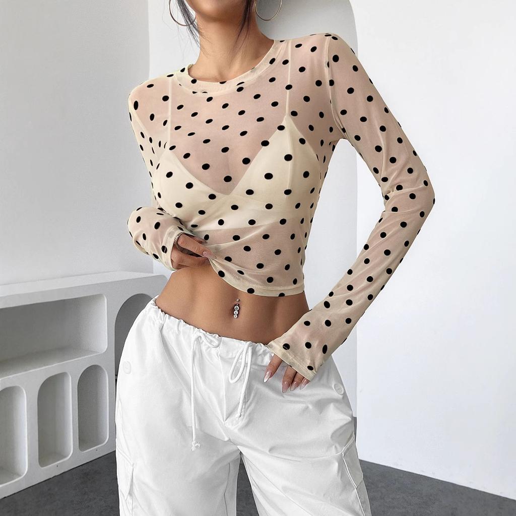 Frühling Y2K Sexy Durchsichtig Gepunktet Enganliegend Netz Rundhals Langarm T-Shirt Damen Mode Täglich Basis Lässig Enganliegend Damen Elegantes Oberteil