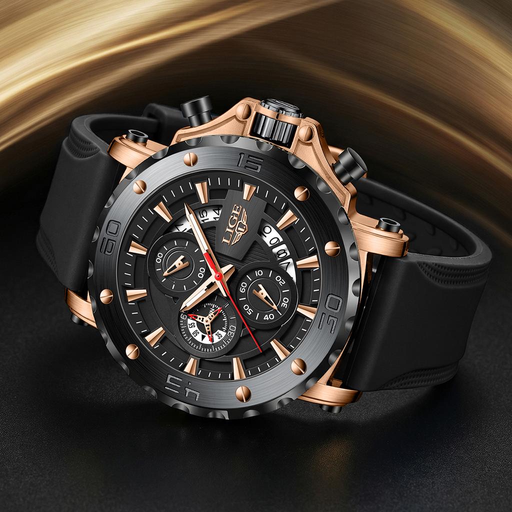 LIGE mens wristwatch luxury chronograph luminous quartz calendar silicone strap fashion business casual male watches reloj