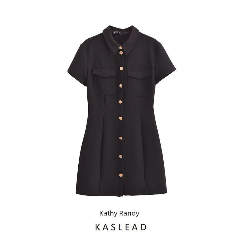 Kaslead New Arrival Women's Clothing Fashion Style Fashion Breasted Black Short Sleeve Slim Fit Dress 4387249