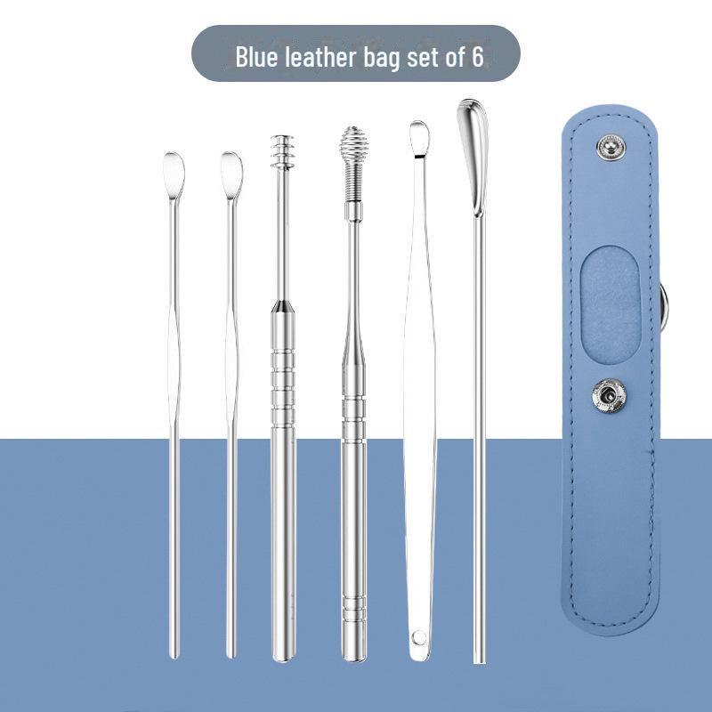Six-Piece Stainless Steel Ear Cleaning Set with Spring Spiral Tools & Leather Case