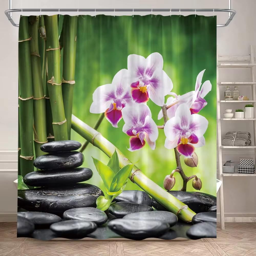 Zen Shower Curtain Natural Flowers Butterfly Grey Stone Reflection Spa Scenery Home Bathroom Decor Polyester Fabric Bath Curtain
