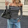 Elegant Striped Lace Trim Long Sleeve Slim Fit T Shirt