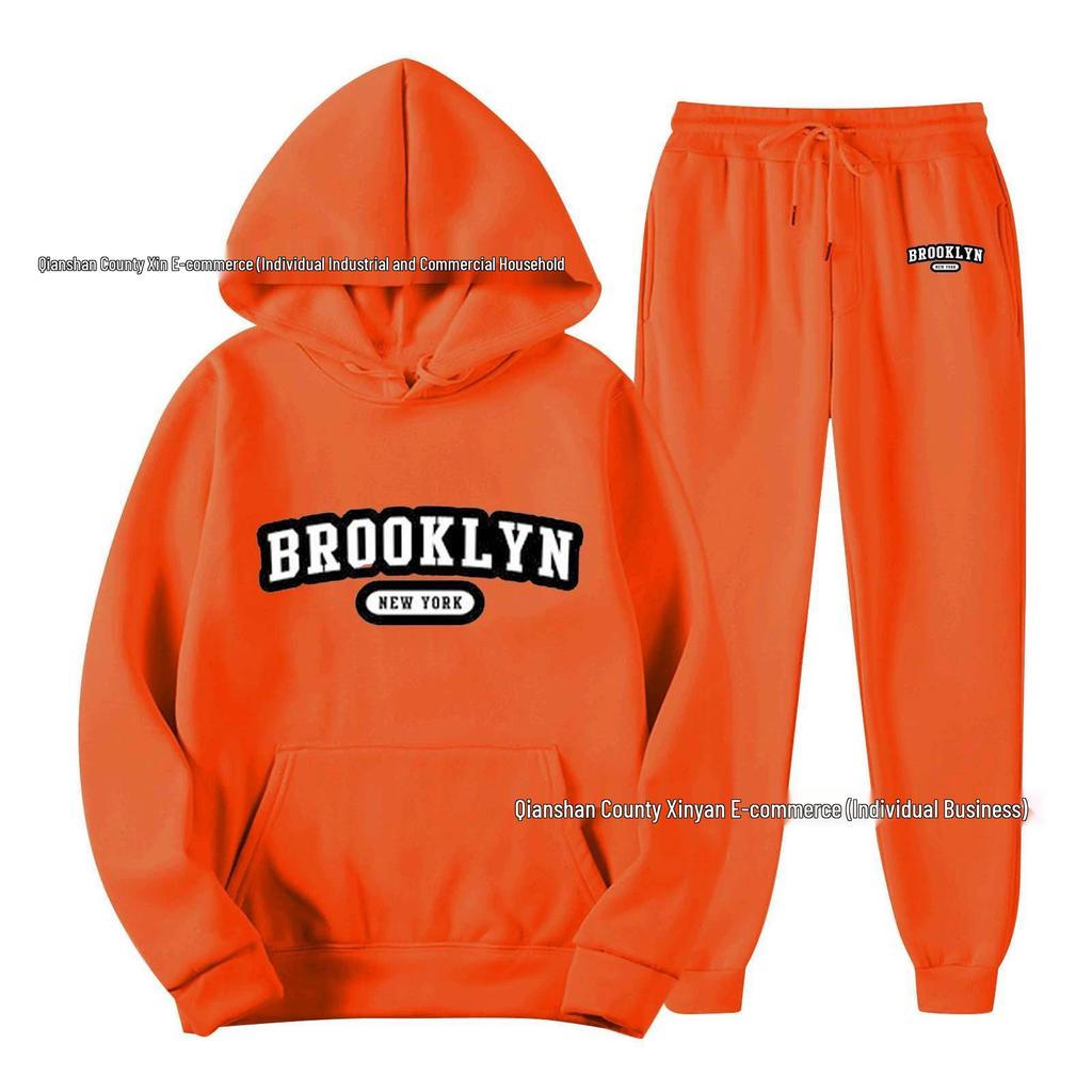 Men's Solid Color Pullover Hoodie Sports Set - Two-Piece Plus Velvet Warm Tracksuit